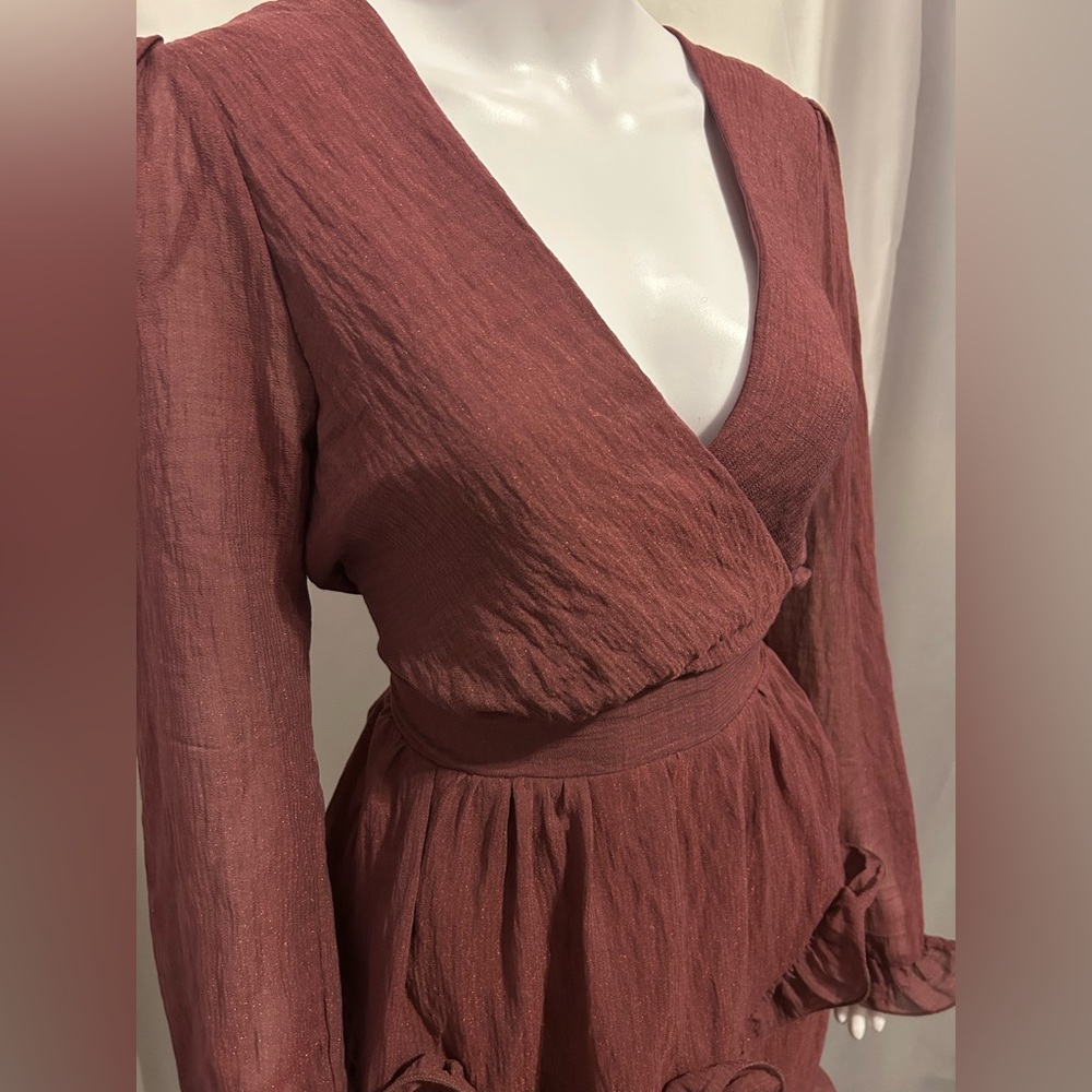 NWT Saints + Secrets Sz L Wine Sheer Ruffle Dress Cottagecore Whimsigoth Boho - Picture 2 of 8